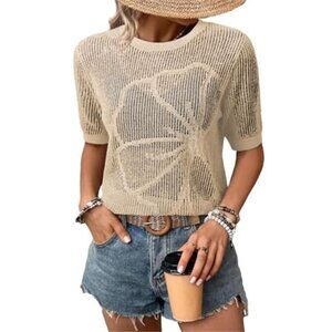 Womens Summer Short Sleeve Crochet Tops Hollow Out Floral Beach